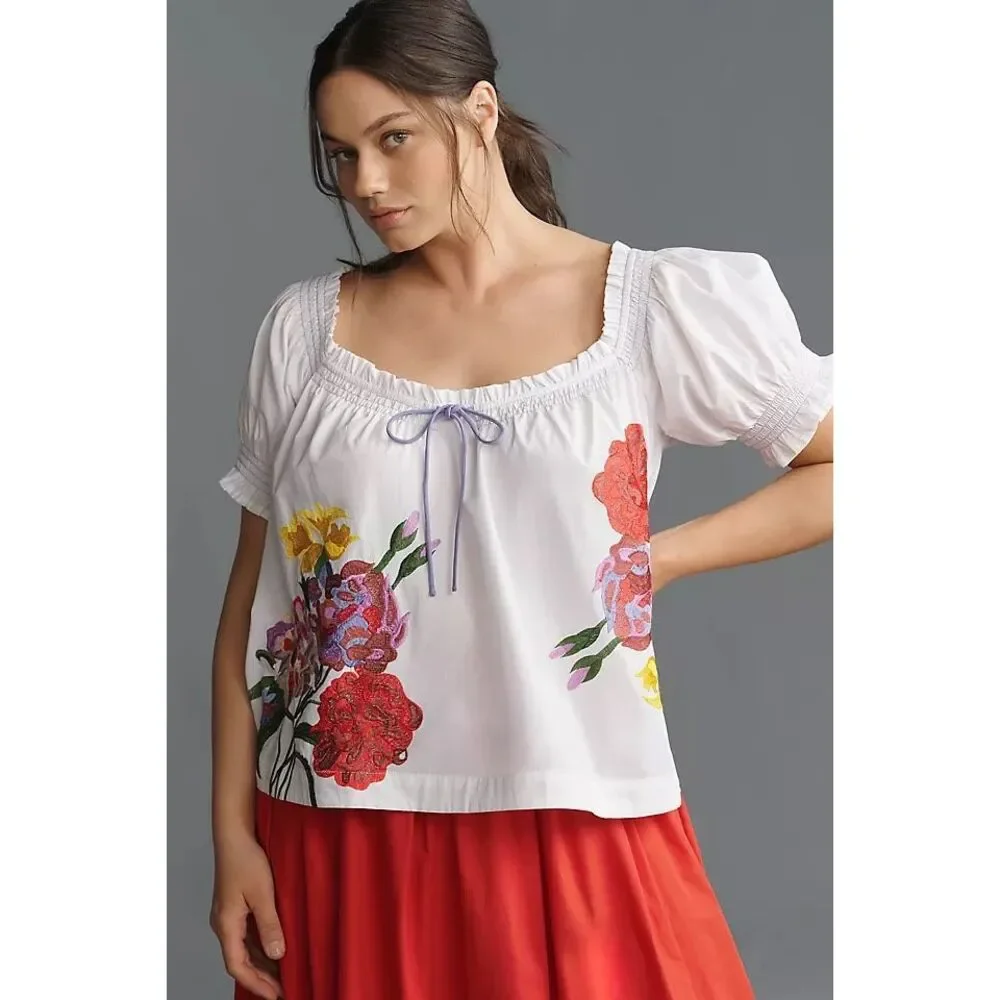 Anthropologie Puff-Sleeve Tie-Front Embroidered Blouse